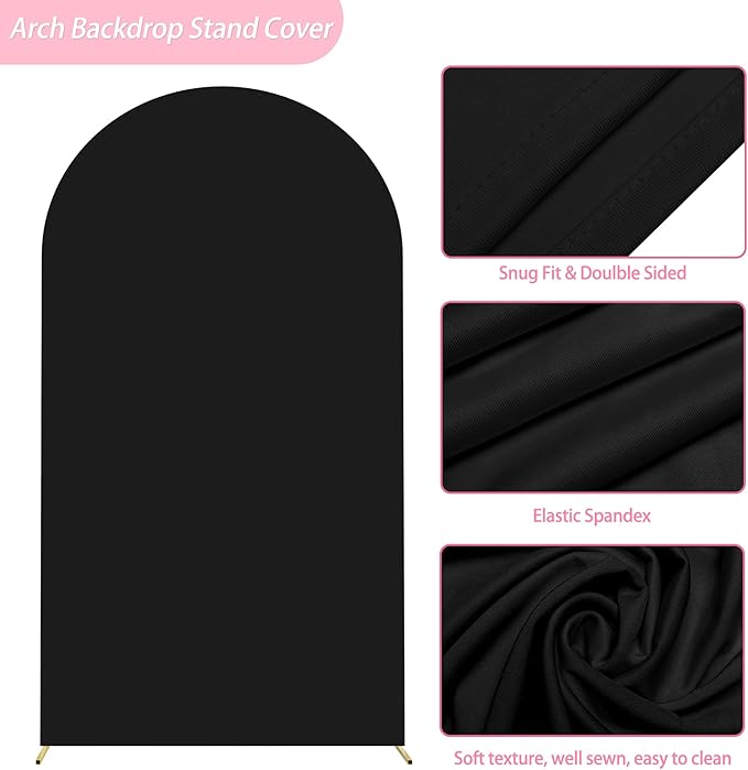 Putros 7.2ft Metal Arch Stand with Cover Black Spandex Fitted Wedding Arch Cover and Round Top Chiara Backdrop Stand Set for Birthday Party Baby Shower Decoration