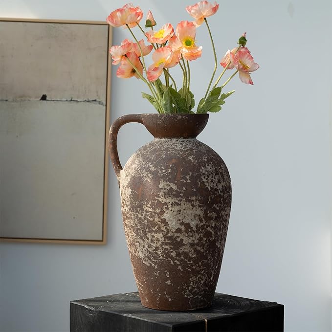 Brown Ceramic Rustic Farmhouse Vase Jug Pitcher with Handle, Distressed Antique Terracotta Pottery Flower Vase 14.2 Inch Handmade Large Floor Vintage Decorative for Home Living Room Decor