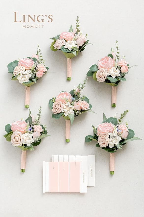 Ling's moment Artificial Flowers Pink Bridesmaid Bouquet Set of 6, Blush & Cream Wedding Flowers Bouquets for Bridesmaids, 7 Inch Bridal Bouquets for Bridesmaids, Wedding, Ceremony, Anniversary, etc