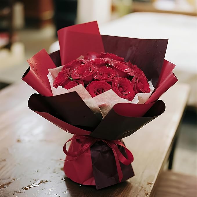 WRAPAHOLIC 20 Sheets Flower Wrapping Paper - 22.4 x 22.4 inch Dark Red Color Water-Resistant Floral Bouquet Wrapping Paper, Florist Supplies Packaging for Christmas, Wedding Birthday Gift DIY