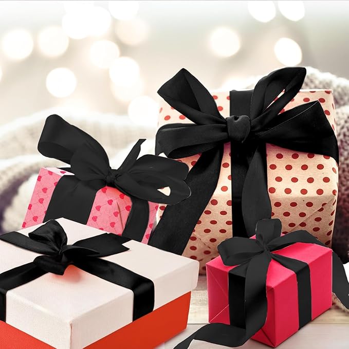Black Satin Ribbon 1-1/2 Inch x 2 Rolls Black Wide Satin Fabric Ribbon for Gift Packaging, Christmas, Wedding, Flower Bouquet, Holiday Party, Invitation