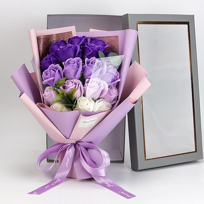 Roses Bouquet Artificial Flower - Preserved Red Rose Flowers with Love Necklace for Her Unique Gift for Birthday, Valentine's Day, Mother's Day, Thanksgiving, Christmas, Anniversary (Purple and White)