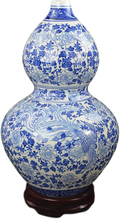 16" Classic Blue and White Porcelain Gourd-Shaped Vase, China Ming Style, Good Fortune, Fengshui, Jingdezhen