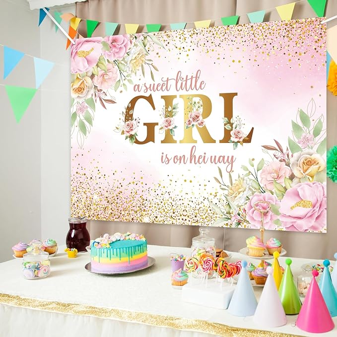 7x5ft Baby Shower Backdrop for Girl, A Sweet Little Girl is on Her Way Pink Floral Background Banner, Gold Glitter Backdrop for Newborn Party, Gender Reveal Celebration Photo Booth Decor