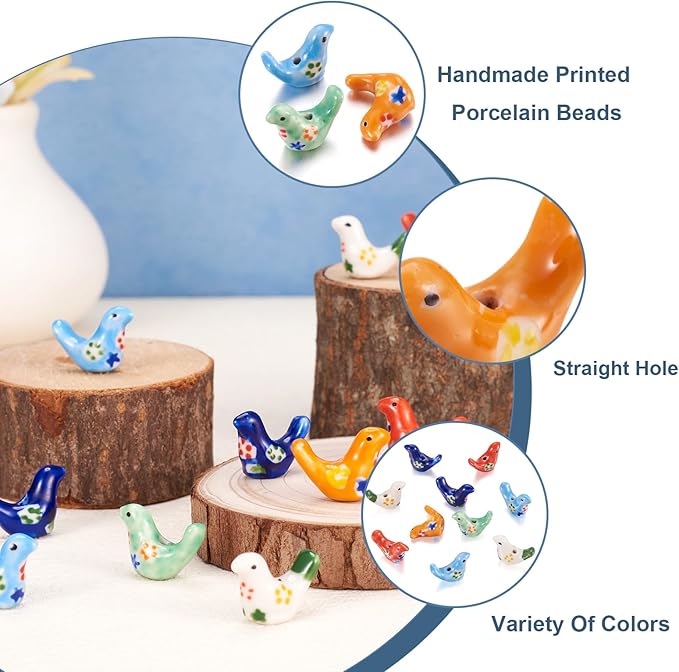 Beadthoven 10pcs Pigeon Ceramic Beads Handmade Flower Printed Porcelain Beads Floral Cute Bird Pigeon Animal Craft Spacers for DIY Jewelry Making Bracelets Earrings Keychain Lanyard Mixed Colors