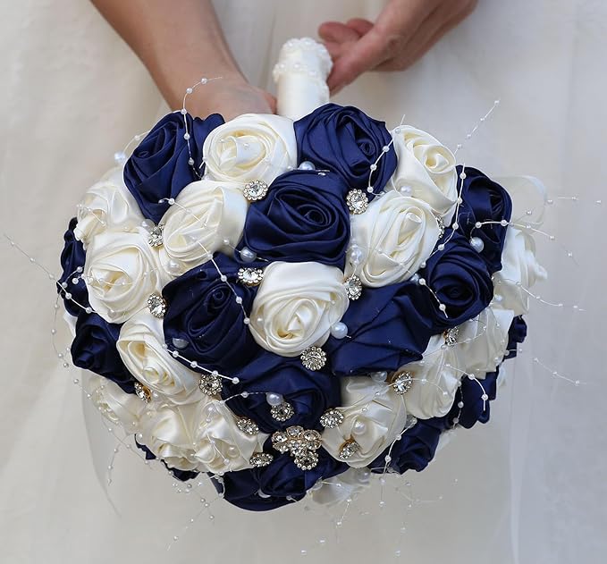 Bridal Wedding Bouquet Round Bling Brooch Bouquet Throw Toss Artificial Rose Flower Bunch for Bride Bridesmaid Wedding Quinceanera(Navy Blue & Ivory, 6.3")