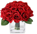 18 Heads Red Rose Fake Flowers in Vase with Fake Water, Silk Rose with Vase for Dining Table Bedroom Wedding Decor (Red)