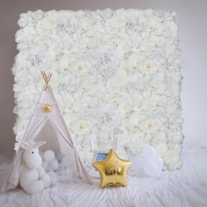Artificial Flower Wall Panels, Silk Wedding Flower Wall Backdrop Panel, 3D Floral Panel Artificial Floral Wall Mat Flower Screen for Photo Party Wedding Wall Background Decor (6PCS Ivory White)