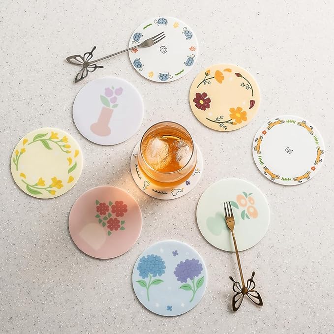FLT Silicone Colorful Coaster Set of 3, Non-Slip Drink Mat, Cute and Unique Printed Design (Made in Korea) (Pastel - Flower)