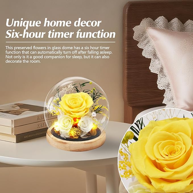 Preserved Roses Flowers for Delivery, Yellow Forever Flores in Glass Dome for Women Mom Grandma Wife Girlfriend, Eternal Rose Anniversary Birthday Gift for Valentines Mothers Day Christmas