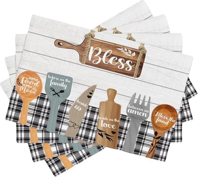 Fork Spoon Kitchen Table Placemats Set of 4 Retro Wooden Tableware Print Placemat Indoor Outdoor Party Home Desktop Dining Room Decoration 12x18 Inch