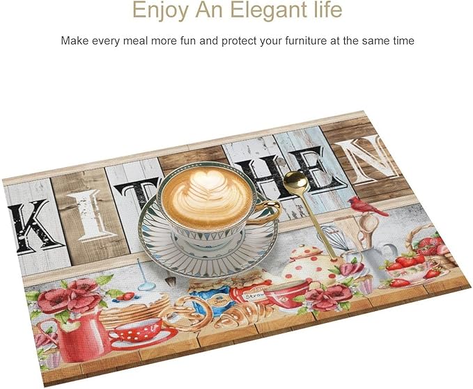 Farmhouse Vintage Kitchen Placemats Rustic Wood Plank Barn Door Retro Strawberry Utensils Knives and Forks Placemats Table Dining Party 12x18 Inch Set of 4