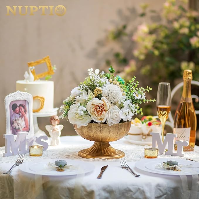 NUPTIO Distressed Gold Vases for Centerpieces: Rustic Brass Compote Vases for Flowers - Metal Pedestal Bowl Decor for Wedding Table Home Set of 10