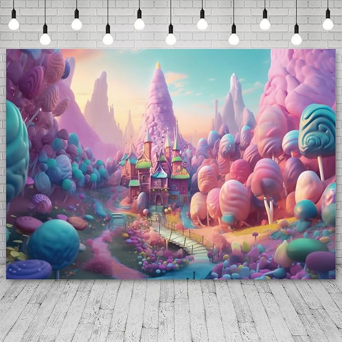 12x8ft Candyland Backdrop Fantasy Candy Castle Photography Background Sweet Lollipop Dream Blue Sky Cartoon Kids Birthday Banner Decorations Baby Shower Newborn Portrait Photo Booth Prop