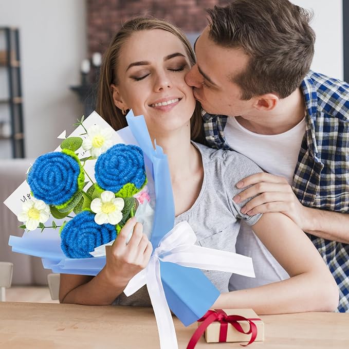 Crochet Rose Bouquet Crochet Flowers Bouquet Handmade Knitted Rose Flowers Present for Valentine's Day Wedding Anniversary Christmas New Year(Medium-Blue Rose)