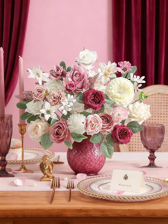 Artificial Flowers Combo Box Set White Pink Fake Roses Silk Flowers with Stems for DIY Wedding Bridal Bouquets,Floral Arrangement,Table Centerpieces,Baby Shower,Home Decorations