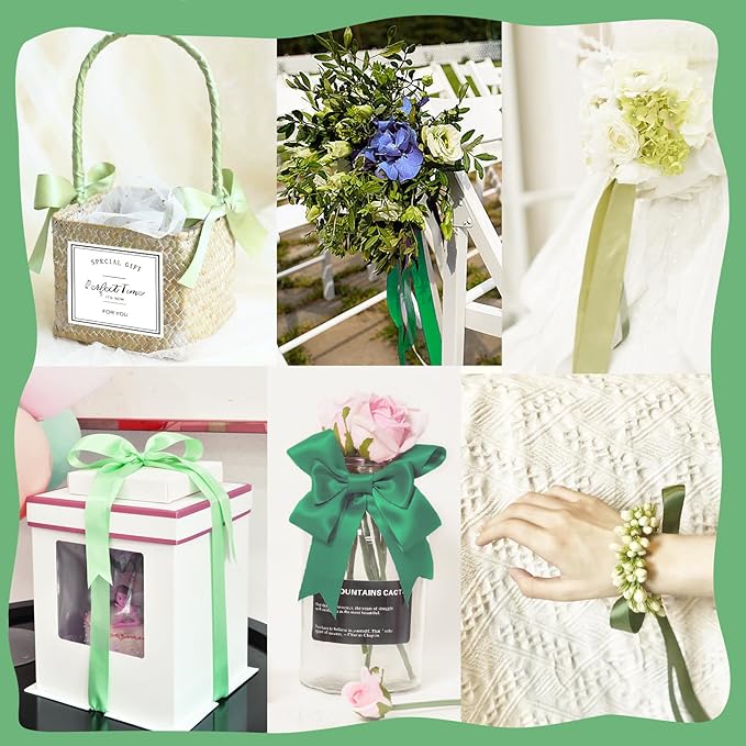 150 Yards Green Satin Ribbon 1 Inch 6 Rolls Assortment Ribbons for Crafts Gift Wrapping Flower Bouquet Wedding Invitations Birthday Party Festival Decoration Hair Bows