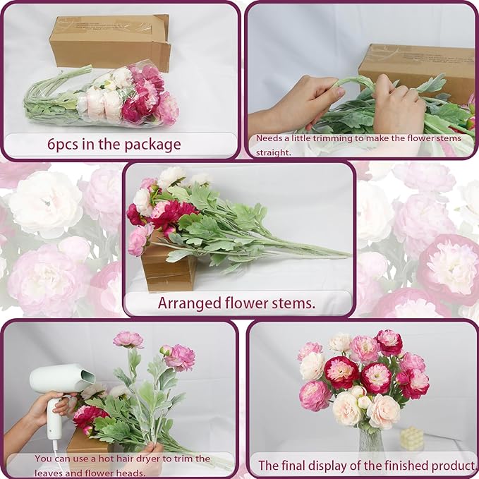 6 Pcs Artificial Flowers Silk Peony Rose Single Stem Artificial Flowers Faux Peony Bouquet Floral Arrangements Bundle Fake Flowers Bulk for Table Centerpiece Wedding Farmhouse Home