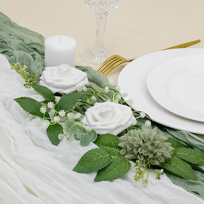 Artificial Flowers, 25pcs Sage Green Artificial Rose for DIY Wedding Bouquets Centerpieces Arrangements, Sage Green and White Dahlia Flowers with Stem for Bridal Shower Party Home Decorations
