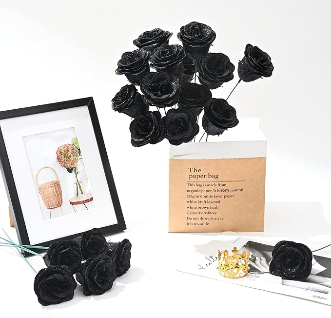 Waipfaru 24 Pcs Glitter Roses Bouquet, DIY Fake Flowers Bouquet, Artificial Black Rose Bouquet for Valentines, Mothers Day Gifts, Anniversary, Engagement, Wedding
