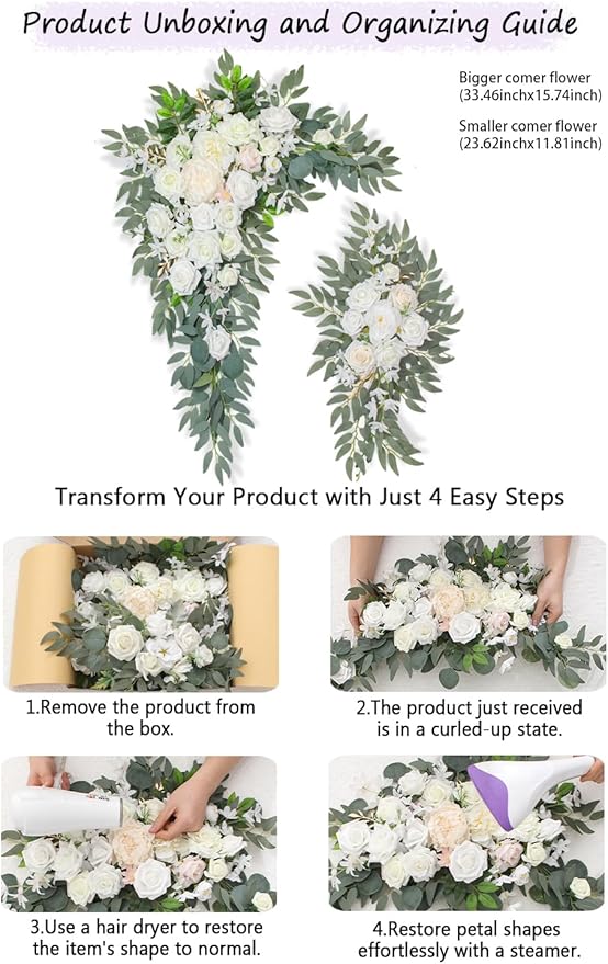 Artificial Flowers Wedding Arch Decor Arch Flowers (Set of 2) for Wedding Welcome Sign and Backdrop Decoration (New White)