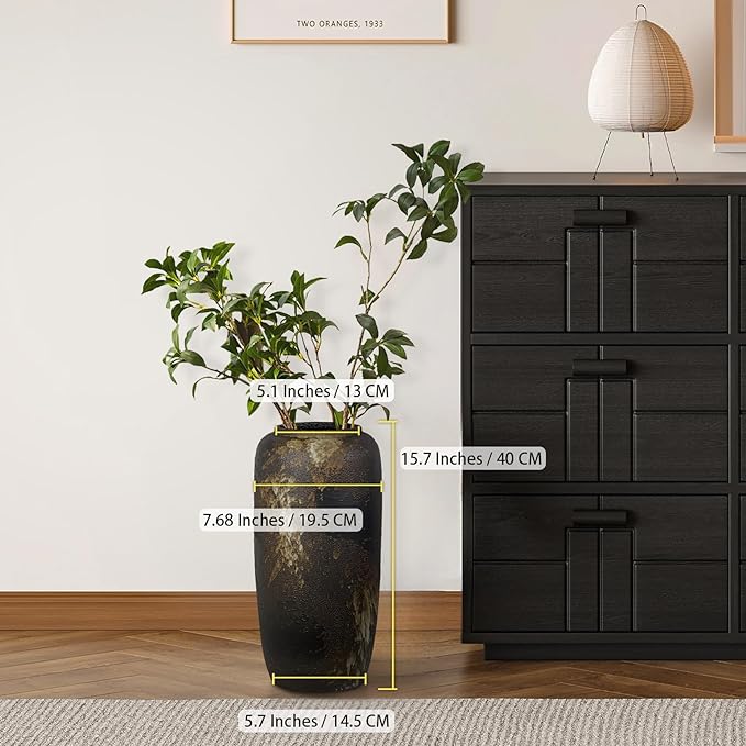 Rustic Ceramic Tall Floor Vase,15.7 Inch Black Large Pottery Farmhouse Decor Floor Vase for Living Room Entryway Table Centerpiece Decor,Vintage Terracotta Vases,Wedding Gift