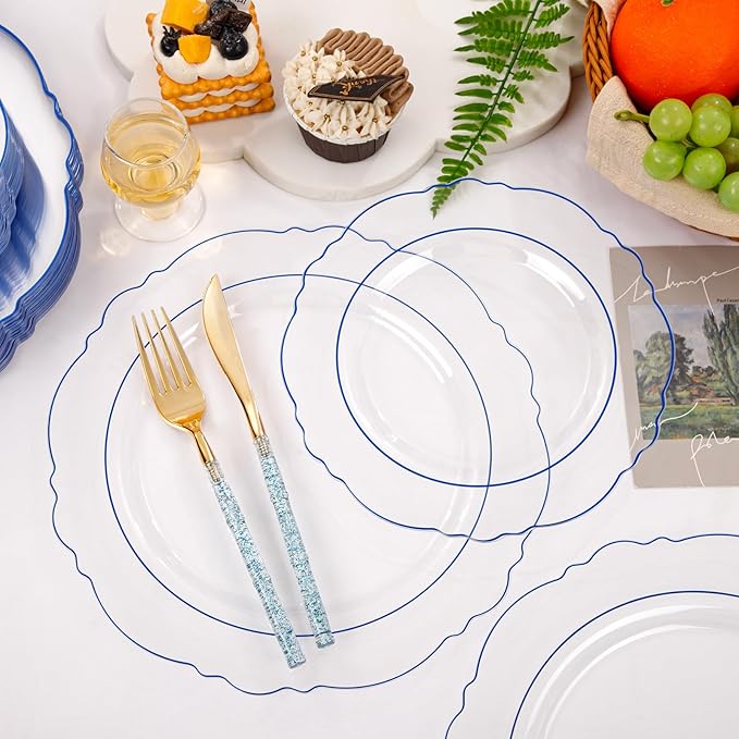 Liacere 150PCS Clear and Blue Plastic Plates-Clear and Blue Disposable Plates with Glitter Bamboo Handle Cutlery-60 Baroque Elegant Plates, 30 Forks, 30 Spoons, 30 Knives for Wedding＆Christmas