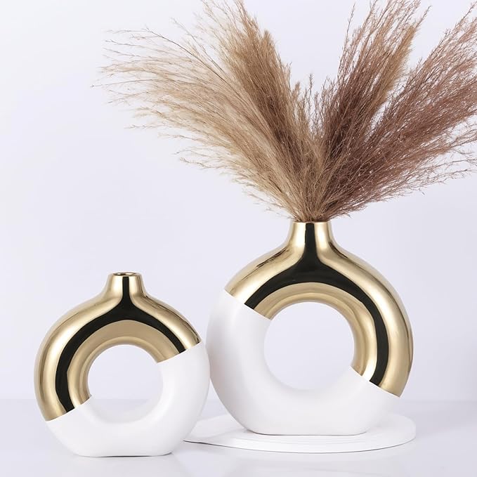 White and Gold Vase Decor Donut Vase Set of 2 - Circle Hollow Vases, Modern Matte Ceramic Vases for Entryway Living Room Bedroom Dining Table Centerpiece Office Home Decor