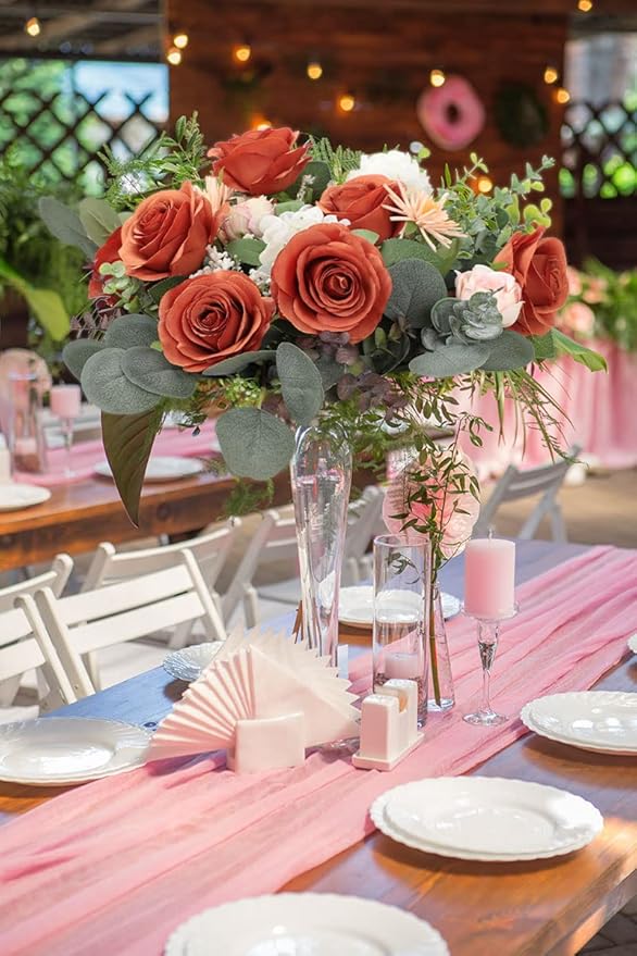 12pcs Roses Artificial Flowers Burnt Orange Fake Roses Flowers with Long Stems Silk Flowers for Wedding Bouquet Centerpices Decorations Party Bridal Baby Shower Home Decor