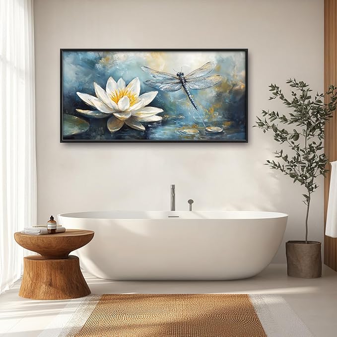 Extra Large Lotus Dragonfly Framed Wall Art for Living Room,Abstract Blue Lotus Flower Lake Pictures Wall Decor,Nature Canvas Print Painting Modern Artwork Bedroom Office Bathroom 60L x 30W