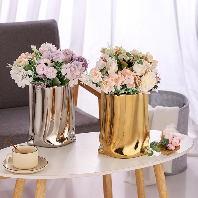 VanEnjoy Large Silver Vase - Wide Mouth, Ceramic Silver Vases for Home Decor