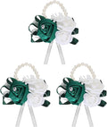 MECCANIXITY 3Pcs Wrist Corsage Artificial Flower Bracelets Rose Wrist Bride Groom Decorative for Wedding Ceremony Prom Party Anniversary Dark Green