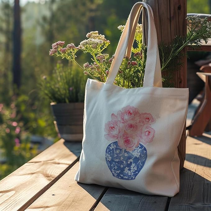 Blue and White Chinoiserie Prints Canvas Tote Bag for Women, Reusable Folding Shopping Bags with Handles
