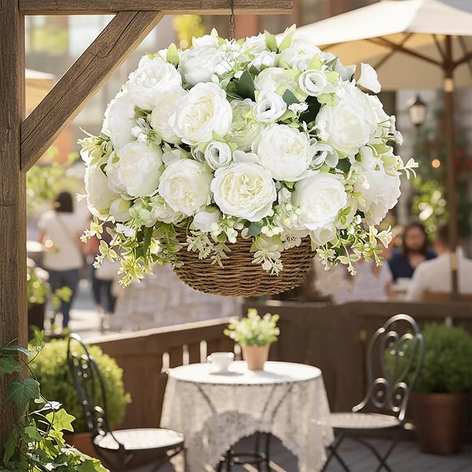 12 Bundles Peonies Artificial White Flowers Bouquet, Lifelike Silk Fake Peonies with Stems for Home Table Centerpieces, Wedding, Party & DIY Bridal Floral Arrangements (White)