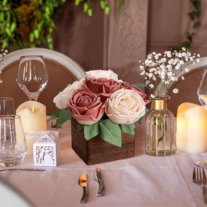 Dining Table Centerpiece Set of 6 - Pre-Made Aritifial Rose with Wooden Vase Fake Floral Arrangment Faux Flower for Wedding Bridal Tea Party Event Decorations - Dusty Pink & Champagne