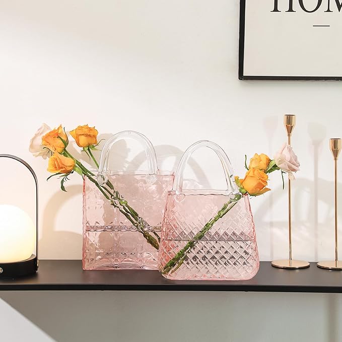 Purse Vase, Glass Bag Vase, Glass Purse Vase for Flowers, Pink Vases, 12 Inch Large Flower Vase with Embossed Pattern for Wedding, Living Room, Bedroom, Table, Office(Round)