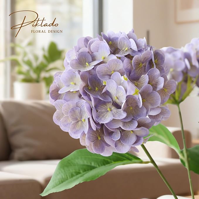A Bunch 21in, Real Touch Hydrangea Artificial Flower, with 5pcs Flower Head 10pcs Leaves, Faux Hydrangea Flowers for Home Office Decor Wedding Party Arrangements (1, Light Purple)