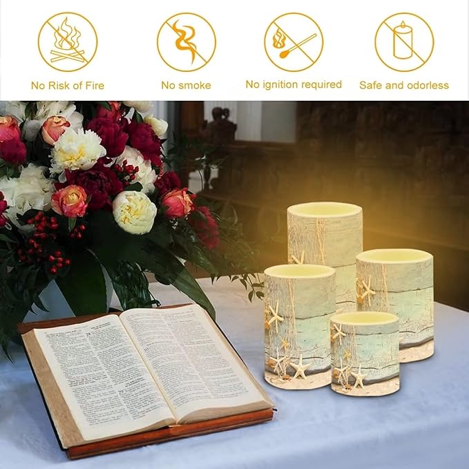 Flickering Flameless Candles 4 Pieces Set, LED Pillar Candles with Timer Battery Operated Tea Lights for Coastal Decor, Beach Starfish with Blue Wood Grain