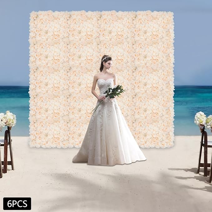 3D Artificial Flower Wall Panels 6 Pack 23.62'' x 15.74'' Silk & Plastic Flower Backdrop, Handmade with Champagne Roses/Hydrangeas/Dahlias, Decor for Wedding Party Home Garden Wall Decorations