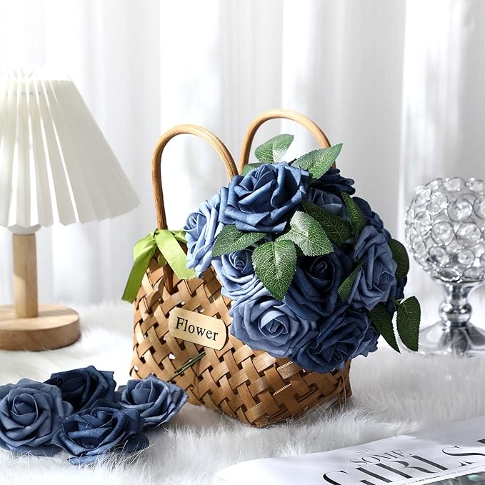 100 Pieces Artificial Foam Rose Flowers Faux Bouquet with Leaves and Stems for DIY Wedding Bouquets Centerpieces Bridal Shower Party Valentine Home Decorations(Dusty Blue Shades)