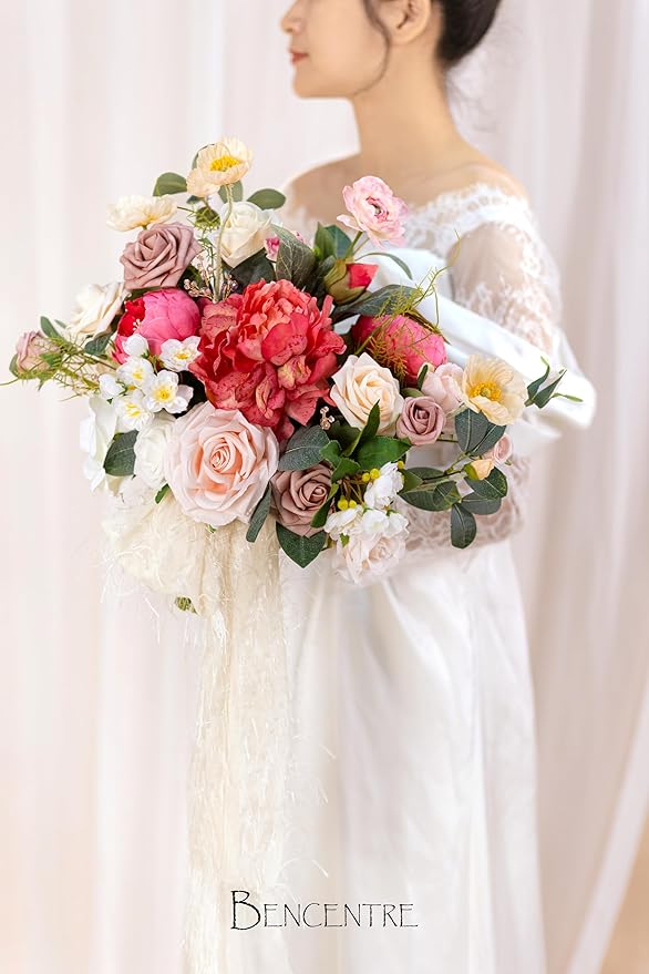 14 Inch Blush Wedding Bouquet for Bride,Spring Wedding Bouquet,hot pink Bridal Bouquets for Bride, for Wedding Ceremony Anniversary,Party and French Rustic Vintage Wedding,Artificial Flowers