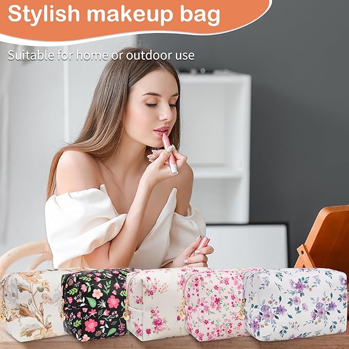 Floral Waterproof Makeup Bag, Leather Cosmetic Bag with Compartments, Zipper Make up Pouch Organizer, Portable Storage Travel Toiletry Bag Gifts for Women Girls(Rose Red Flower)