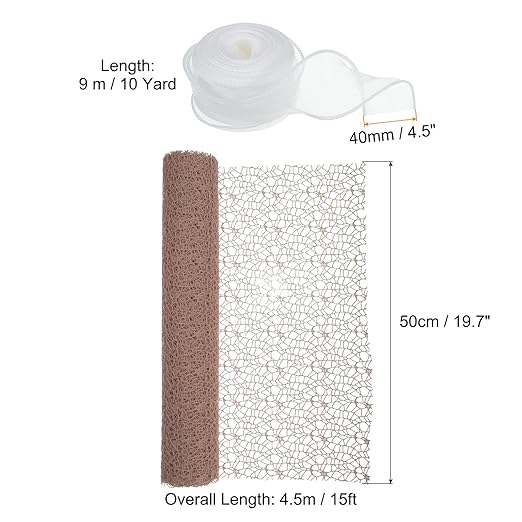 PATIKIL Flower Wrapping Mesh Paper, 15ft Floral Bouquet Craft Packaging Hollow Net Yarn with Ribbon for Flowers Gift Packaging, Khaki