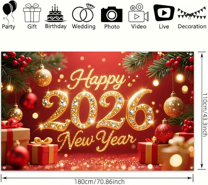 2026 Happy New Year Banner 71x43 Inch Red Gold Christmas Ball Holiday Party Wall Decoration Glitter Photo Backdrop for Indoor Countdown Celebration Home Event and Festive Background Display