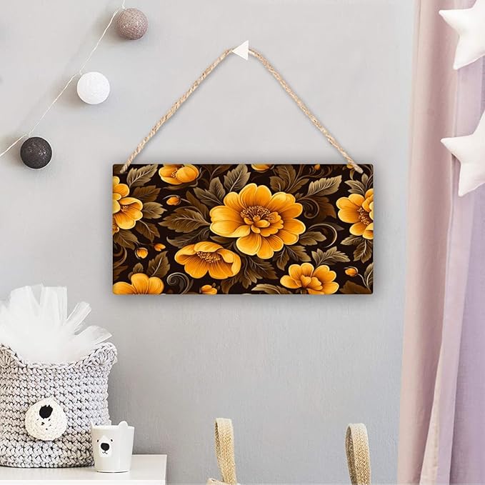 Luxurious Black & Gold Floral Vintage Wooden Sign 12x6 Inch - Elegant Living Room Decor for Retro Home Enthusiasts, Opulent Accent to Infuse Floral Grandeur into Domestic Retreats