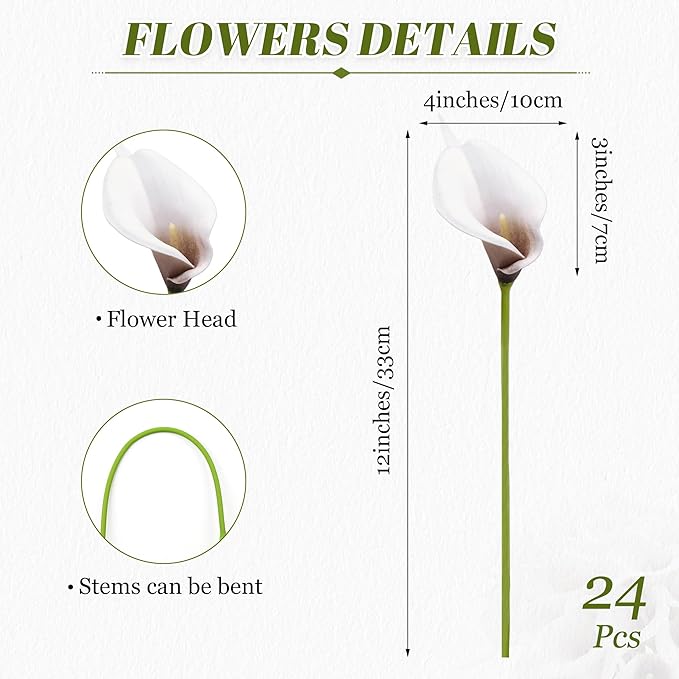 24 Pcs Artificial Calla Lily Flowers Fake Silk Flowers Real Touch for Wedding Bouquet Office Goth Home Kitchen Decor (White Black)
