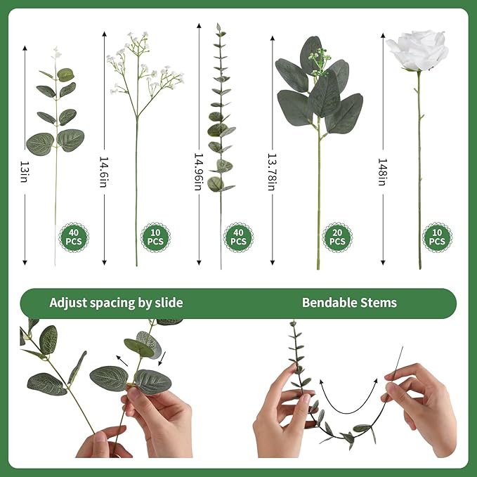 120 Pcs Mixed Artificial Eucalyptus Leaves Stems Bulk,Baby Breath Artificial Flowers Bulk with Eucalyptus Leaves Greenery Stems for DIY Bouquets Wedding Floral Home Decor (Green+White-120pcs)