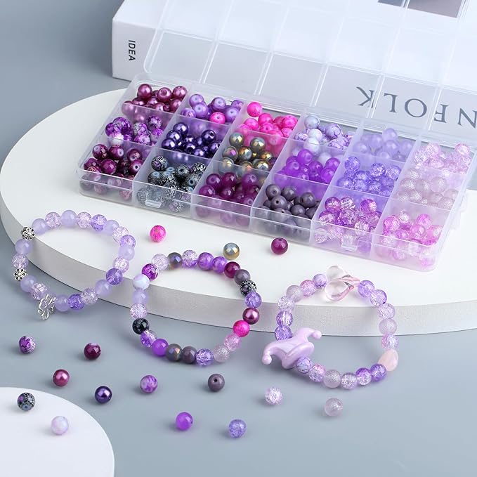 DUQGUHO 8mm Purple Beads for Jewelry Making Purple Glass Beads Crystal Beads Glass Round Beads Bracelet Friendship Bracelets Kit 360PCS