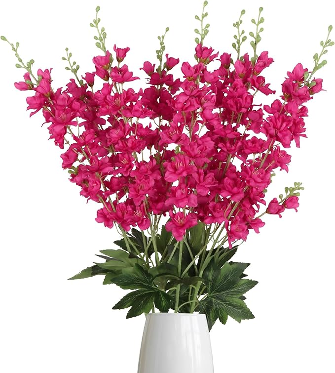 8PCS Artificial Delphinium Flowers 33.5'' Rose Red Silk Flowers Faux Delphinium Long Stem Hyacinth Artificial Flowers for Tall Vase Home Wedding Table Decor(Rose Red)