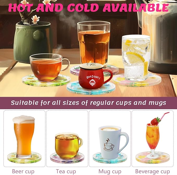 Flower Coasters, Tumwisk 4Pcs Dried Flower Drink Coasters, Women Coffee Table Dining Table Desk Aesthetic Coaster Set Natural Floral Coaster Home Decoration Housewarming Present